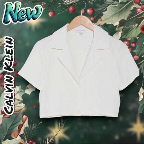 New Calvin Klein Short Sleeve Crop Button-Up Shirt - Picture 2 of 4